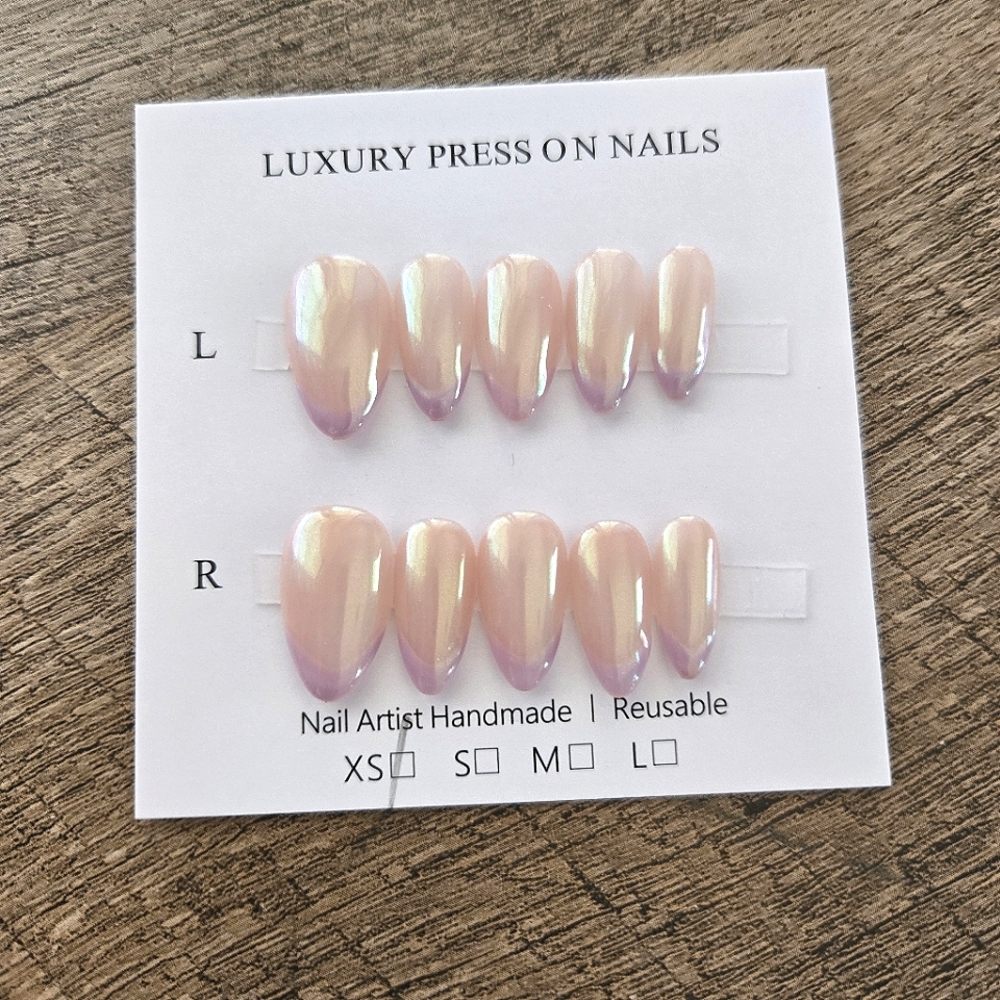 Handmade French Tip Press On Nails Pearlescent Lavender Neutral Nails Size XS